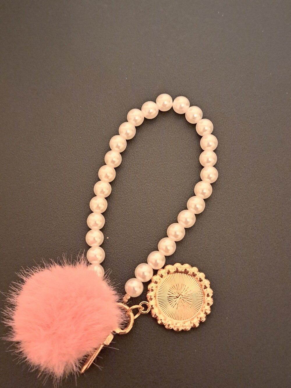 Pearl Bead Keychain Wristlet with Pink Pom Pom Charm - Picture 2 of 2